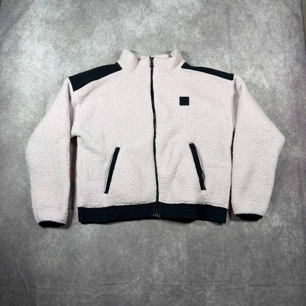 Under Armour Women Pink Sherpa Fleece Full Zip Jacket XL Loose Fit Cozy Teddy